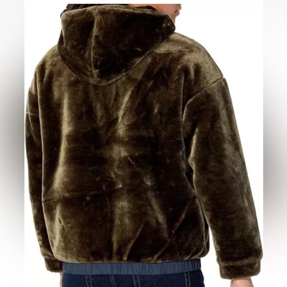 UGG Kairo Logo Reversible Faux Fur Hooded Zip Jacket Burnt Olive Unisex (Sz L) - Picture 2 of 9